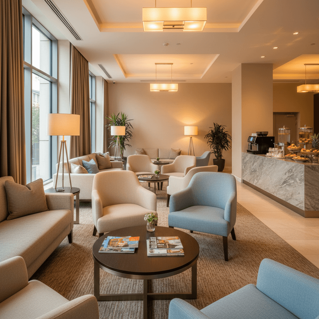 Comfortable waiting lounge area with seating and magazines